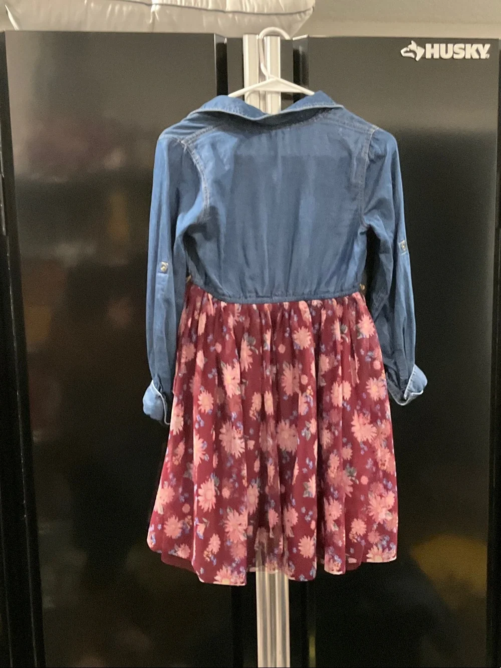 Justice Blue Chambray Top with Burgundy Floral Skirt Dress